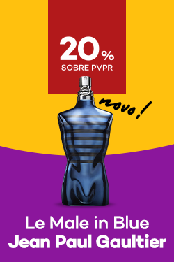Novo le male in blue da marca jean paul gaultier com destaque promocional de 20% sobre pre&ccedil;o de Venda ao P&uacute;blico Recomendado